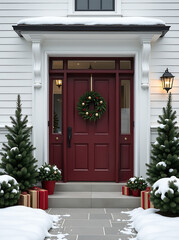 Fototapeta premium building entrance group. beautiful chic minimalist home decor of a front yard with small christmas trees and burgundy front door with a festive wreath