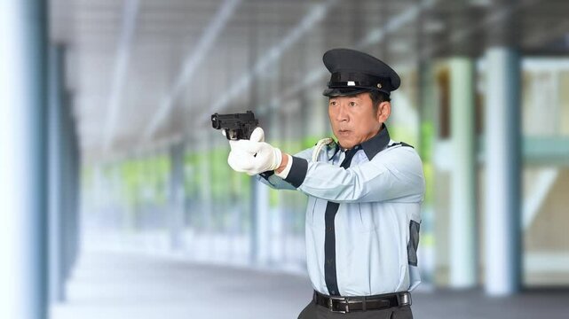 軍隊、警察、警官、警察官、パトロール、セキュリティ、拳銃、ピストル、発砲、射撃、訓練、警備員、警戒、犯罪、防犯、日本人、男性、危険、ハンドガン、緊急、自衛官、機動隊、犯人、現行犯、制圧、警告、トレーニング、警備、保安、ボディガード、巡回、監視、取り締まり、警備会社、制服、お巡りさん、交番、逮捕、犯行、現場、巡査、スローモーション、通路、病院、ビル、施設、役所、エントランス、入口、人物