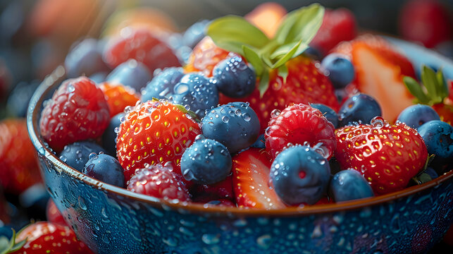 Vibrant Mixed Berries in Bowl with Water Droplets