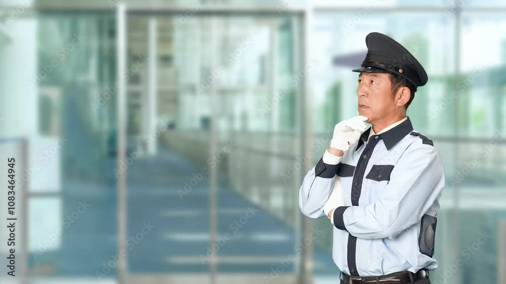 Fototapete 警備員、警察官、警察、男性、パトロール、悩む、考える、犯罪、規制、困る、問題、トラブル、警備、セキュリティ、警備会社、防犯、防災、制服、守衛、ガードマン、門番、お巡りさん、職業、仕事、アルバイト、中年、ミドルエイジ、日本人、巡回、監視、取り締まり、見守り、安全、悩み、疑問、心配、不安、不満、課題、警戒、迷う、スローモーション、ビル、エントランス、施設、ホール、駅、通路、イベント、人物