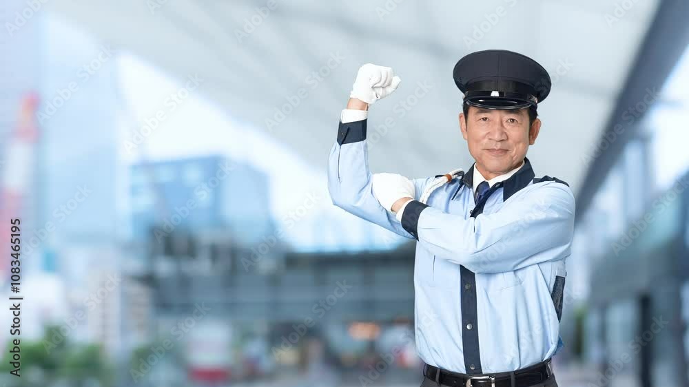 Poster 警察官、警察、パトロール、男性、セキュリティ、警備員、パワー、元気、警備、パワフル、力こぶ、仕事、笑顔、日本人、中年、ミドルエイジ、アルバイト、働く、やる気、ガッツポーズ、警備会社、防犯、防災、制服、守衛、ガードマン、門番、見張り、保安、ボディガード、巡回、監視、取り締まり、見守り、安全、信頼、頼もしい、守る、トレーニング、訓練、ファイト、スローモーション、駅、駅前、都市、治安、社会、都会、繁華街