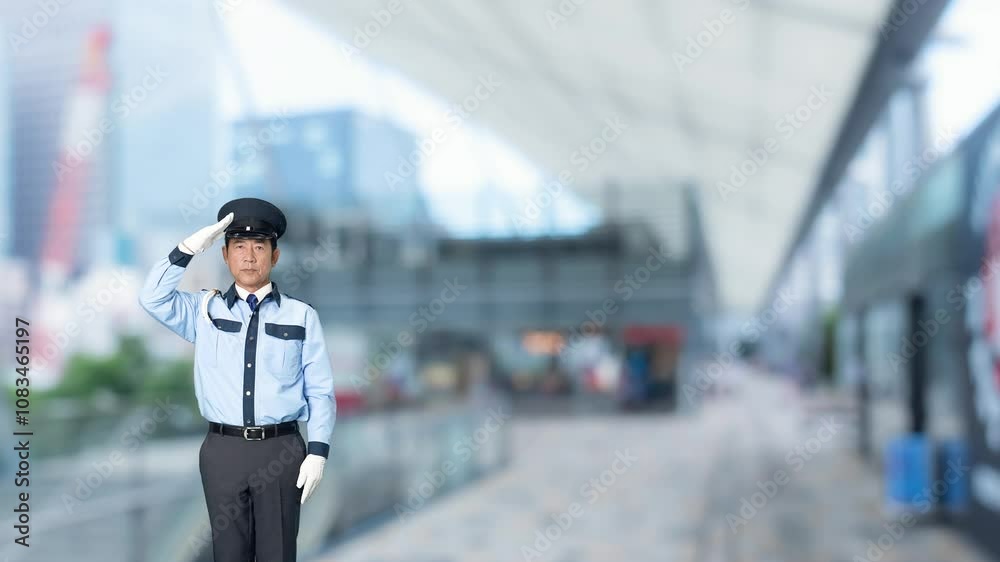 Leinwandbilder 警察官、警察、パトロール、警備員、敬礼、日本人、全身、信頼、警備、警戒、セキュリティ、警官、警備会社、防犯、防災、制服、守衛、ガードマン、門番、見張り、保安、ボディガード、見回り、巡回、監視、取り締まり、見守り、安全、仕事、アルバイト、職業、シリアス、正義、正義感、朝礼、式典、儀礼、公務員、挨拶、交番、警察署、スローモーション、駅、駅前、都市、治安、社会、都会、繁華街、人物
