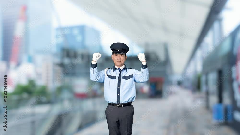 Aufkleber 警察、警察官、セキュリティ、男性、ガッツポーズ、警備員、日本人、全身、警備、やる気、元気、パワフル、パワー、モチベーション、努力、頑張る、信頼、安全、安心、制服、警備会社、防犯、防災、守衛、ガードマン、門番、見張り、保安、ボディガード、交通整理、工事現場、建設、働く、仕事、アルバイト、パトロール、見守り、サクセス、成功、挑戦、チャレンジ、スローモーション、駅、駅前、都市、治安、社会、都会、繁華街、