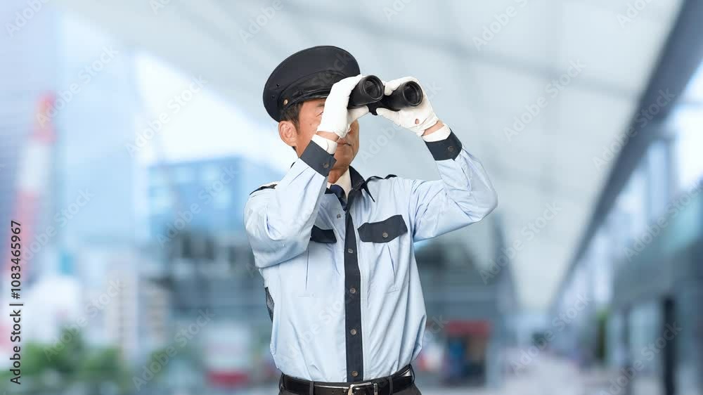 Leinwandbilder 警備員、男性、警察、警察官、双眼鏡、監視、警戒、警備、観察、パトロール、巡回、日本人、セキュリティ、警備会社、防犯、防災、制服、守衛、ガードマン、門番、見回り、取り締まり、見守り、安全、職業、仕事、アルバイト、中年、ミドルエイジ、見る、探す、探索、捜索、発見、インフラ、老朽化、現場、建設、望遠鏡、見張る、上半身、スローモーション、駅、駅前、都市、治安、社会、都会、繁華街、人物