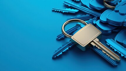 Blue keys arranged around a gold padlock on a matching blue background for a security theme