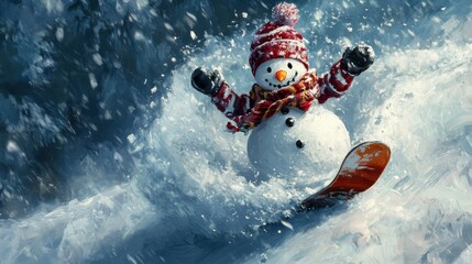 Naklejka premium Snowboard Snowman: A Joyful Descent in a Blizzard