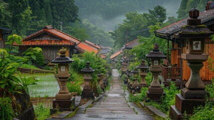 Fototapeta premium Misty mountain village lane with stone lanterns.