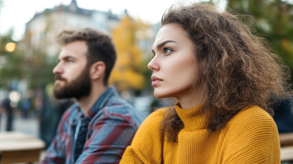 Fototapeta premium Couple sitting together in a park reflecting on life during a cool autumn afternoon while surrounded by colorful foliage