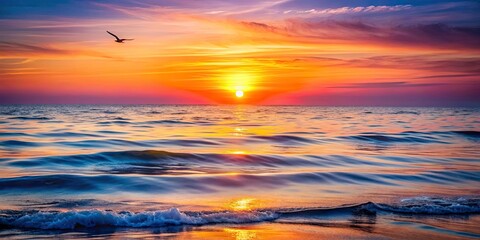 Fototapeta premium Abstract Landscape with Waves and Setting Sun - Minimalist Photography, Serene Nature, Tranquil Scene, Sunset Reflection, Ocean Waves, Artistic View,