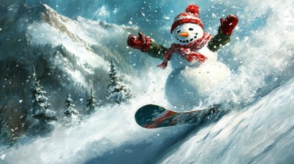 Naklejka premium Snowboard Snowman: A Joyful Descent in a Blizzard