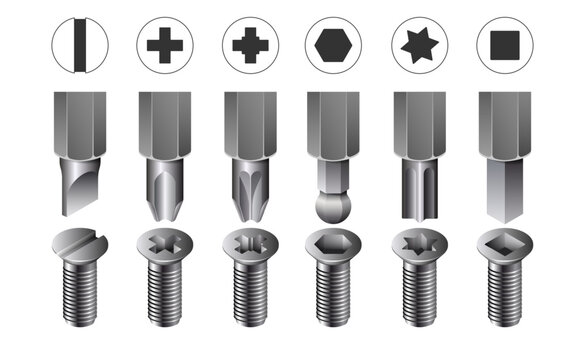 Types of screw heads. Vector illustration. Sketch for creativity.