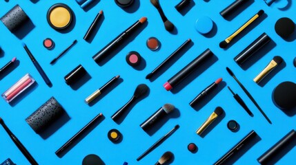 Professional decorative cosmetics and tools creatively arranged on a blue background