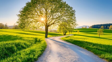 Fototapeta premium A serene landscape with a winding path, lush greenery, and sunlight filtering through trees.