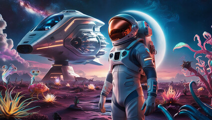 A futuristic astronaut stands on a colourful alien planet, next to a spaceship. Many unusual plants and small creatures surround them.