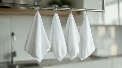 White Kitchen Towels Hanging on a Modern Rack in a Bright and Stylish Kitchen with a Contemporary Aesthetic and Clean Lines