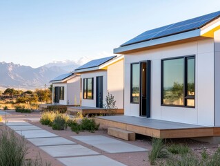 Fototapeta premium Modern sustainable homes with solar panels in desert landscape