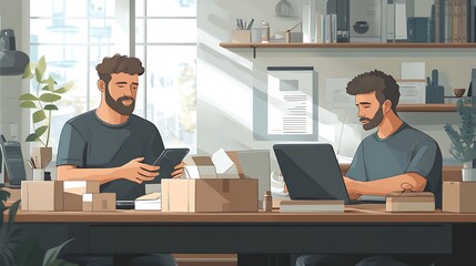 Collaborative workspace engagement modern office illustration bright interior side angle productivity concept