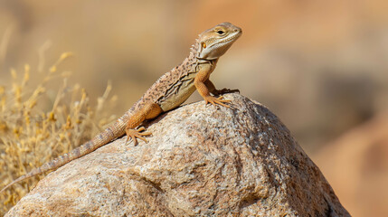 Fototapeta premium Detailed Close-Up of a Colourful Lizard Sitting on a Rock in a Natural Habitat with Soft Focus Background for Wildlife and Nature Enthusiasts