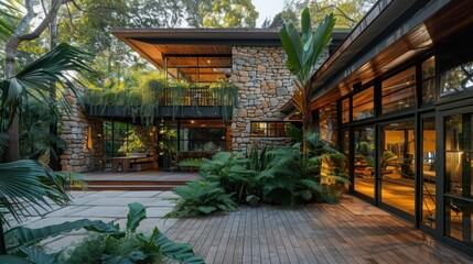 Fototapeta premium Modern stone house with lush tropical garden, patio, and deck.