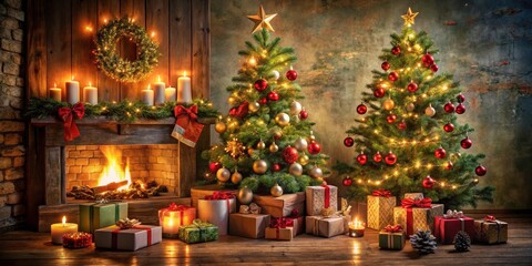 Cozy Christmas Tree with Gifts and Decorations Surrounded by Candles for Holiday Spirit and Festive Atmosphere