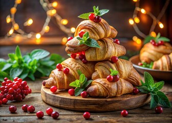 Obraz premium Cozy Holiday Croissants with Red Berries and Mint for Festive Celebrations