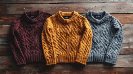 Knitted sweaters arranged on wooden background with space for text
