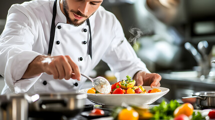 A chef preparing a fine dining dish with delicate garnishes and an elegant presentation, focusing on the details of the meal.