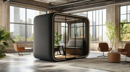 Modern office with an open-plan layout featuring a stylish meeting pod, contemporary furniture, glass partitions, and green plants to enhance collaboration