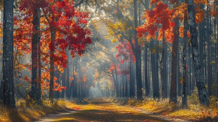 Obraz premium Sunlit autumn path through vibrant forest. (1)