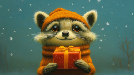 Fototapeta premium Adorable digital illustration of a smiling raccoon wearing an orange winter hat and scarf, holding a red gift box with yellow ribbon against a snowy teal background.