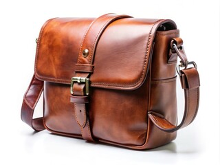 Elegant Brown Leather Crossbody Bag with Adjustable Strap on White Background - Long Exposure Photography for Fashion and Accessories