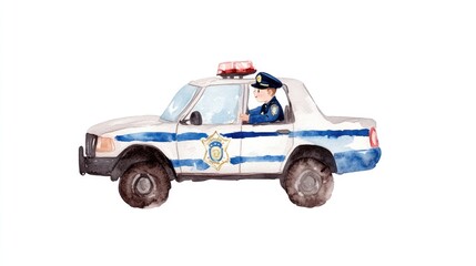 Cute Child Officer in Watercolor Police Car