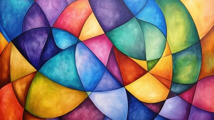 Fototapeta premium Vibrant geometric artistic painting in a blend of bright colors, creating visual interest with dynamic shapes and patterns. The artwork invites engagement with its color palette and design.