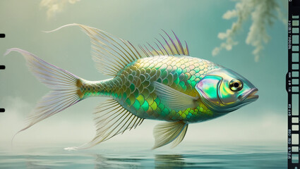 Fototapeta premium A colorful fish, iridescent green, gold, and purple, swimming in a misty, underwater scene.