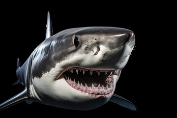 Fototapeta premium A close-up of a white shark's head, highlighting its piercing eyes and strong jaws, with intricate details of its textured skin and gills. The image captures the intensity