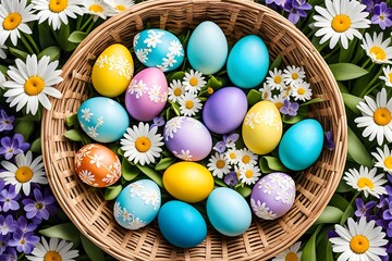 Fototapeta premium Abstract illustration of vibrant-colored Easter eggs in a wicker basket, surrounded by delicate spring flowers