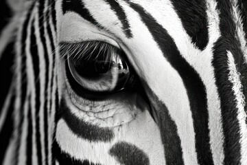 A close-up of a zebra's face, highlighting its unique black and white stripes and expressive eyes. The mane is partially visible, adding texture to the image.