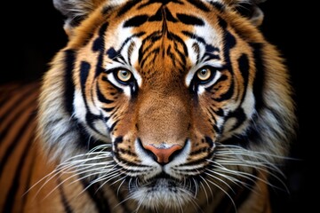 Fototapeta premium A close-up portrait of a tiger's face, capturing the intricate patterns of its fur and the deep amber color of its eyes. The sharpness of its whiskers 