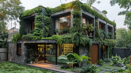 Fototapeta premium Lush green foliage covers modern home.