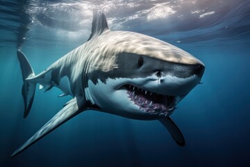 Obraz premium A majestic white shark swimming gracefully through crystal-clear waters, showcasing its powerful physique and sharp teeth. The sunlight filters through the surface