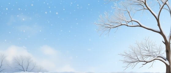 Delicate snowflakes cling to bare tree branches, framing a pale blue sky, offering a tranquil winter atmosphere