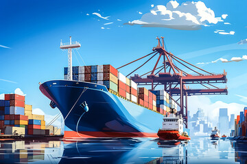 Photo Logistics import export background of Container Cargo ship in seaport on blue sky, Freight Transportation background