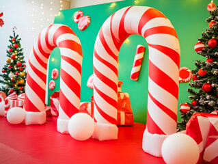 Festive Candy Cane Decorations with Holiday Gifts and Colorful Christmas Trees in a Cheerful Winter Wonderland Setting