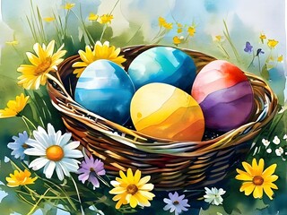 Abstract illustration of vibrant-colored Easter eggs in a wicker basket, surrounded by delicate spring flowers
