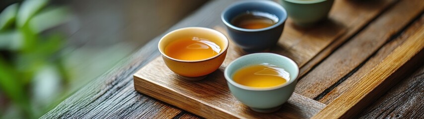 A beautiful display of colorful teacups filled with fragrant tea on a wooden tray, perfect for relaxing moments.
