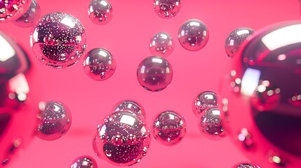 A vibrant composition of reflective spheres against a pink background, creating a dynamic visual effect.