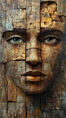 A captivating portrait of a face sculpted from wood, blending nature and human features in a unique artistic expression.