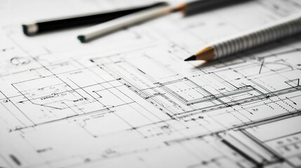 Close-up photo of a pencil on a drawing with technical drawings and mechanical parts in the background