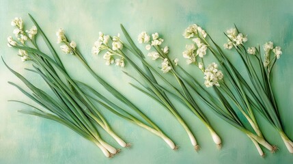 Fototapeta premium Fresh Green Onions and White Flowers Arranged on a Soft Green Background for Culinary and Floral Inspiration in Stock Photography