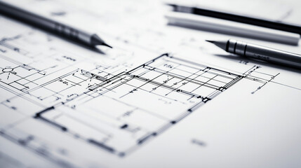 Close-up photo of a pencil on a drawing with technical drawings and mechanical parts in the background